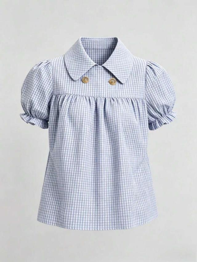women's blue plaid short sleeve collared blouse