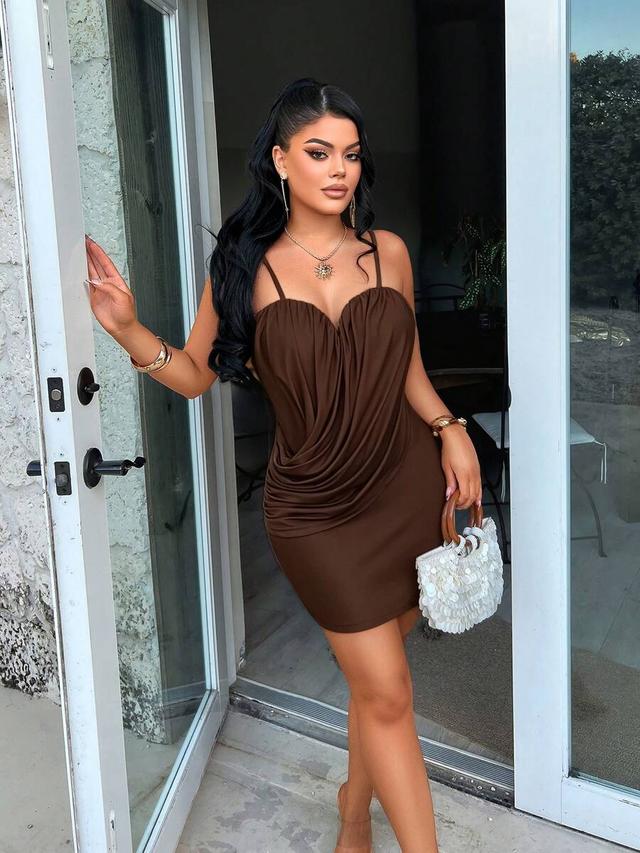 brown solid color elegant pleated drape bodycon mini dress