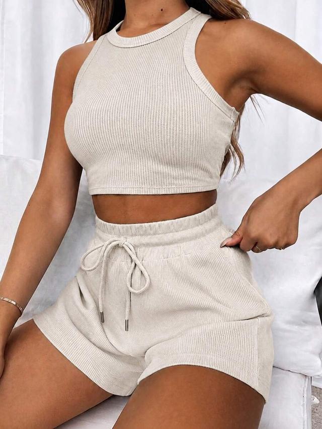 solid color waffle knit cropped tank and shorts set