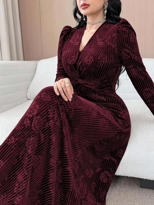 elegant wine red embossed velvet tea-length dress