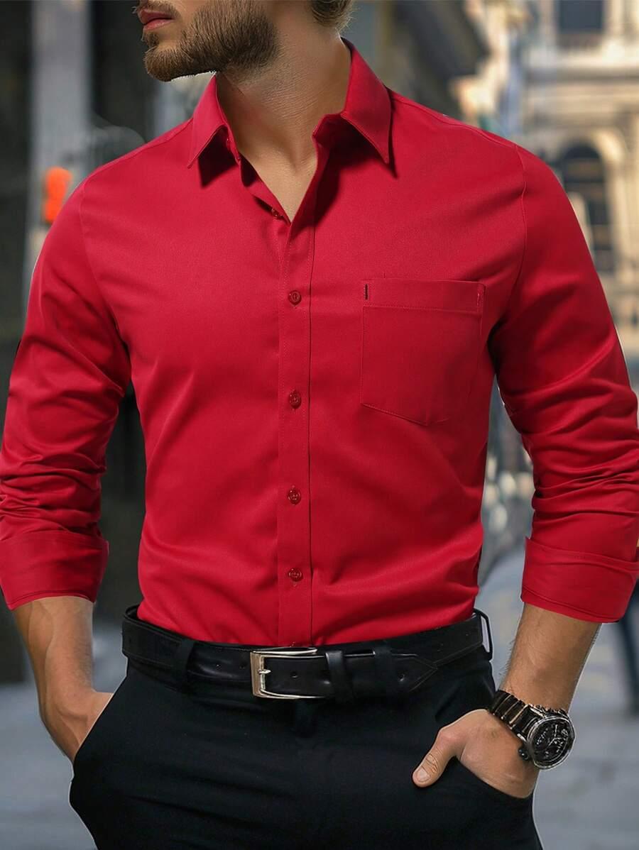 red long sleeve button placket dress shirt