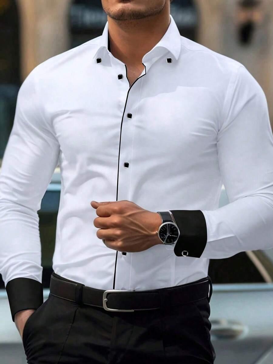 men's white formal shirt with black contrast trim
