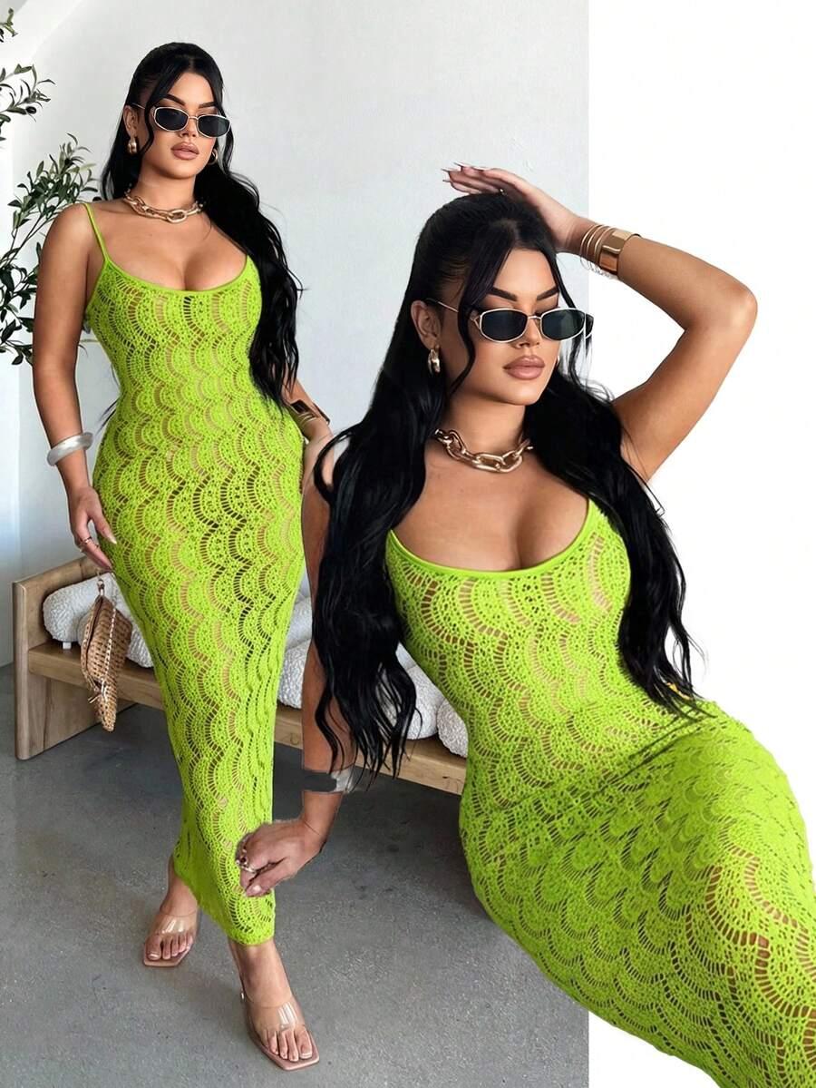 neon green crochet hollow out bodycon slip dress