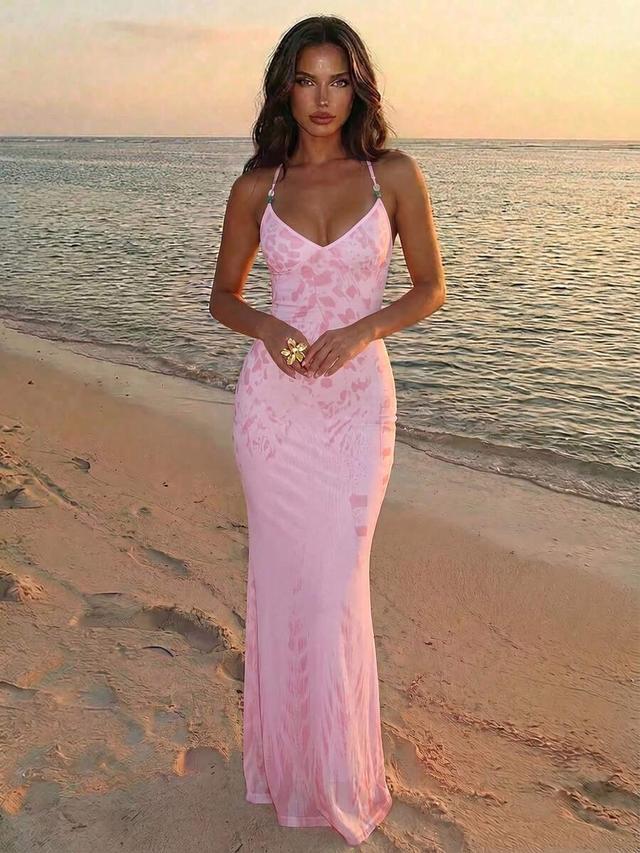 spaghetti strap beaded leopard print fitted maxi dress