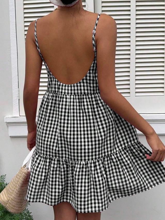 black and white plaid spaghetti strap tiered dress