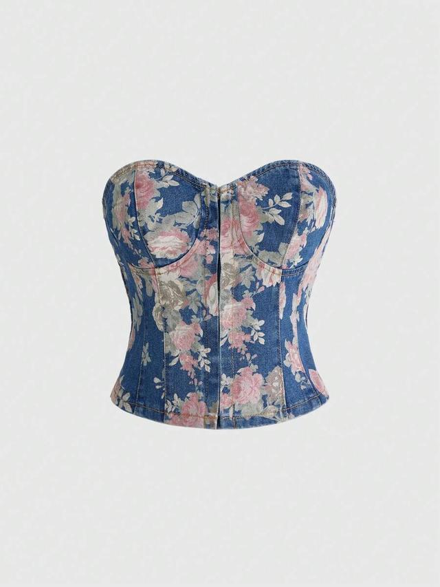 floral print denim bustier crop top