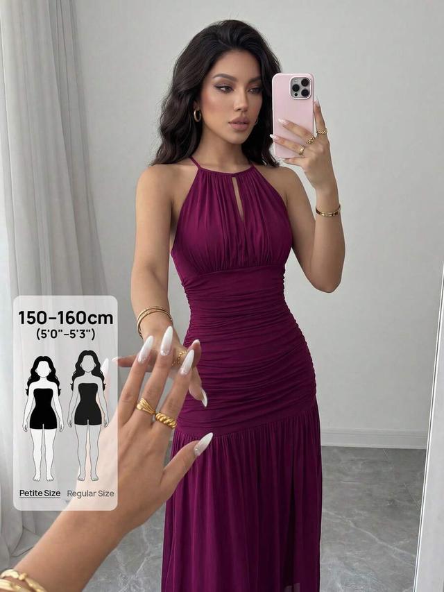 solid color pleated hollow out halter maxi dress