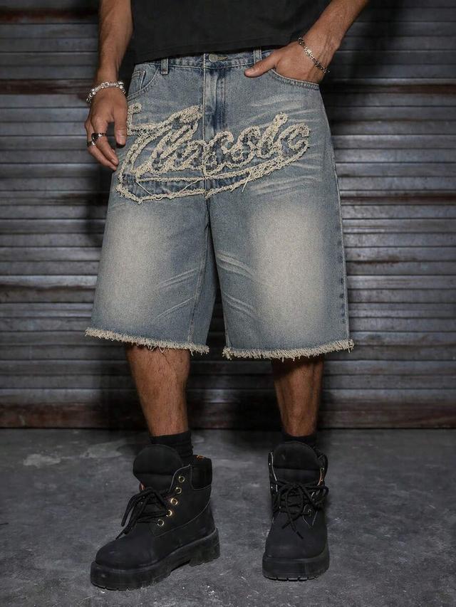 axepeak men's black washed printed denim shorts