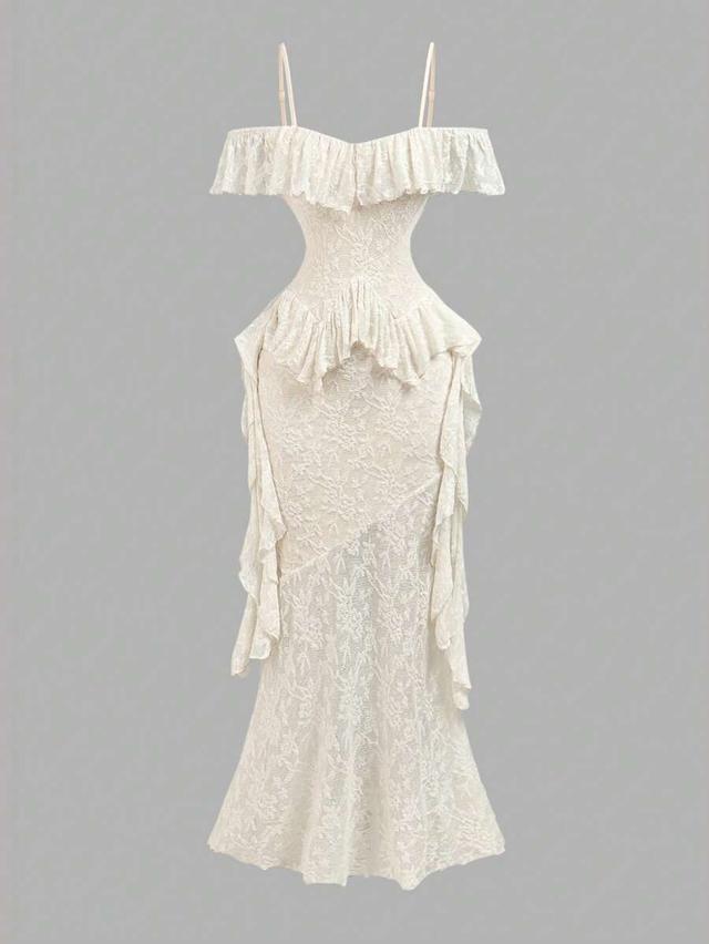 elegant white lace ruffle trimmed mermaid dress