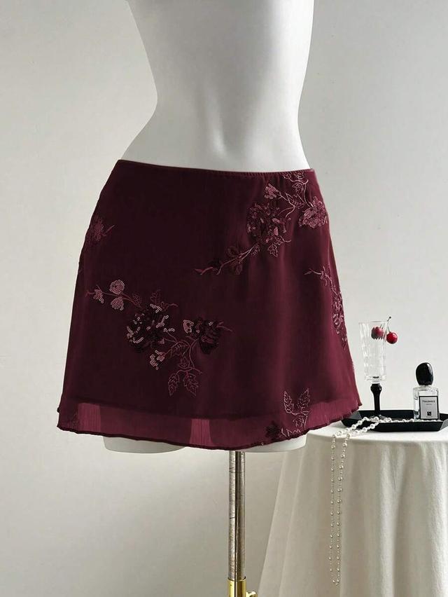 embroidered sheer burgundy a-line mini skirt