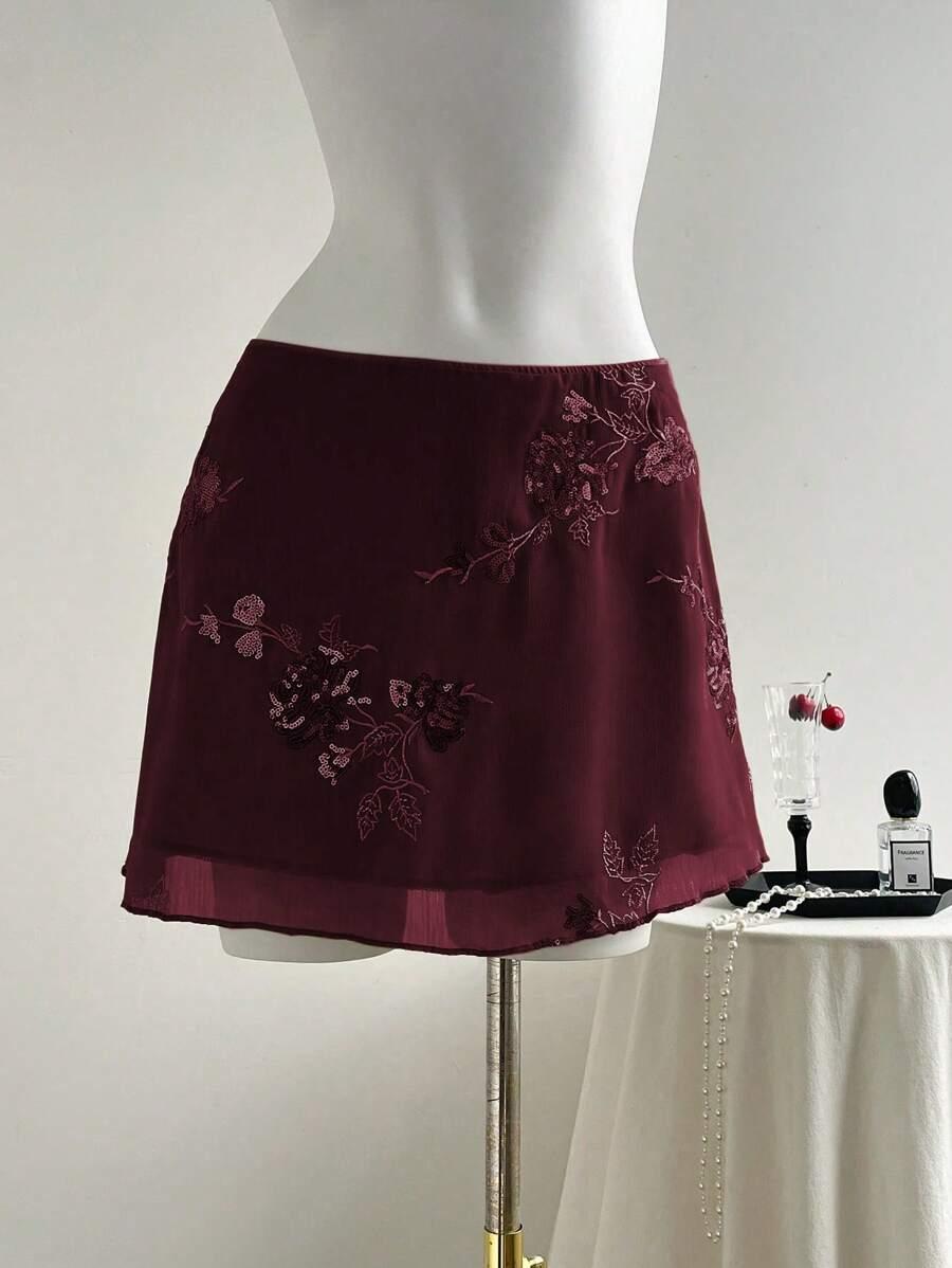 embroidered sheer burgundy a-line mini skirt
