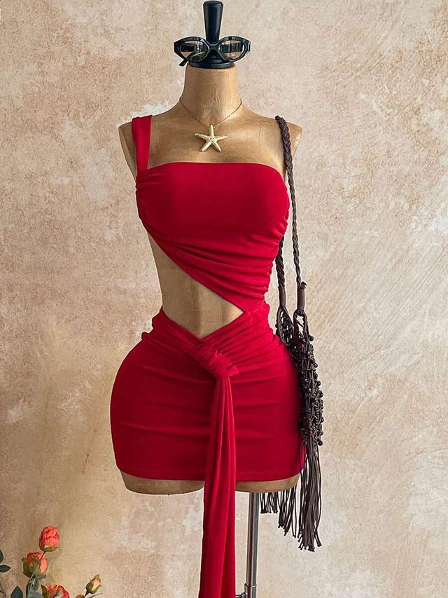 red bodycon mini dress with cutouts and tie detail