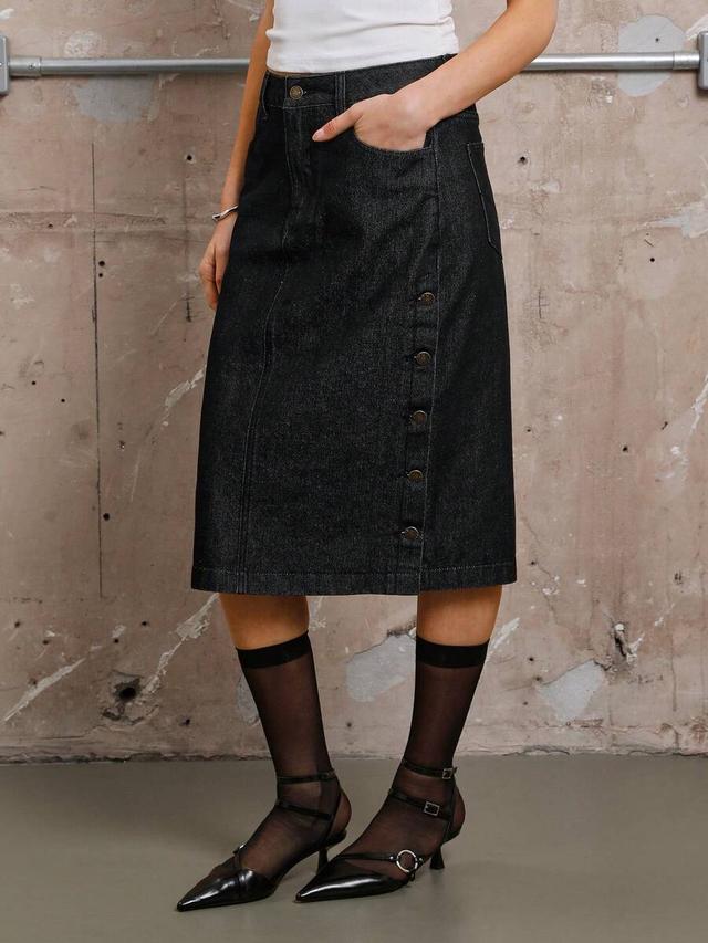 indigo rinse denim midi skirt with side buttons