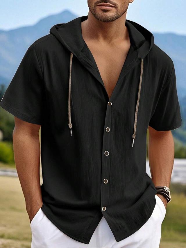 men's black linen short sleeve hooded button-up shirt