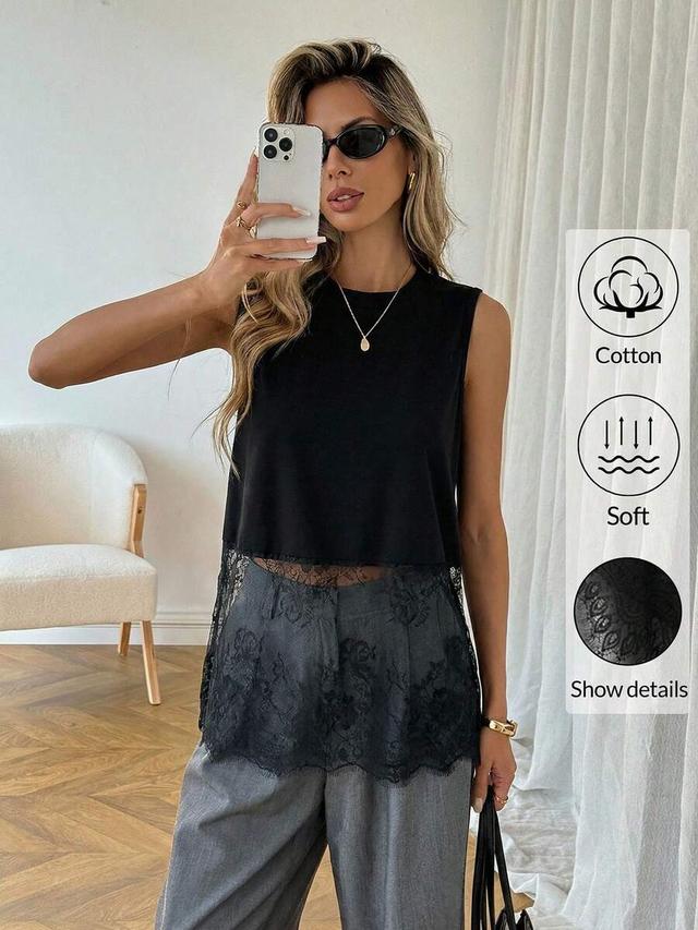 easowa cotton crew neck sleeveless lace hem tank top