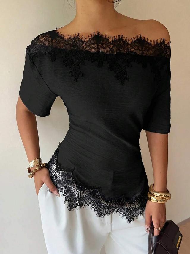 siren gaze asymmetrical lace patchwork satin blouse