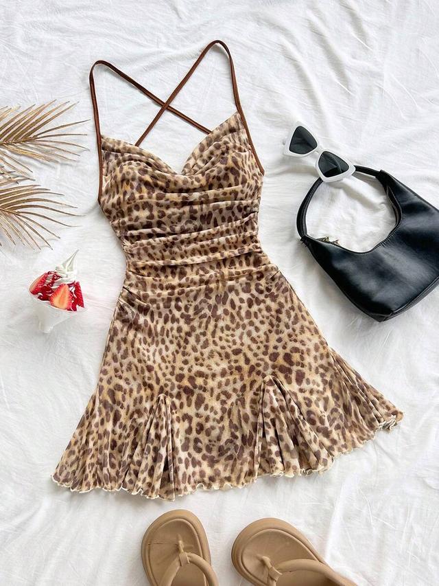 leopard print draped neck spaghetti strap mini dress