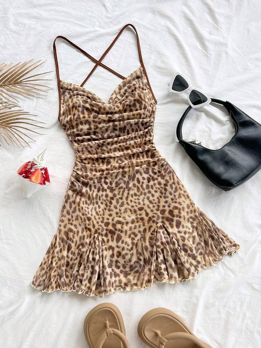 leopard print draped neck spaghetti strap mini dress
