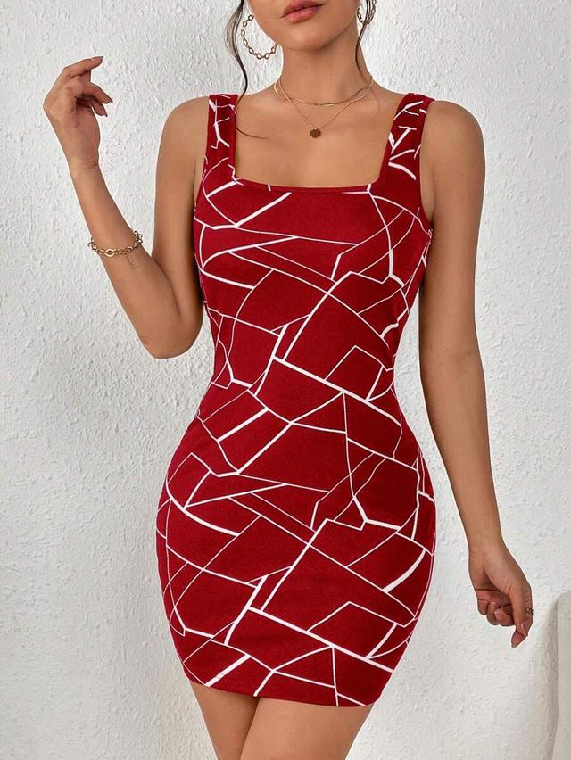 red geo print square neck bodycon dress