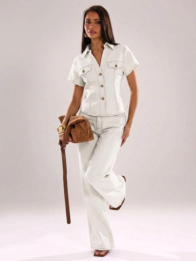 white denim short sleeve shirt and wide-leg pants set