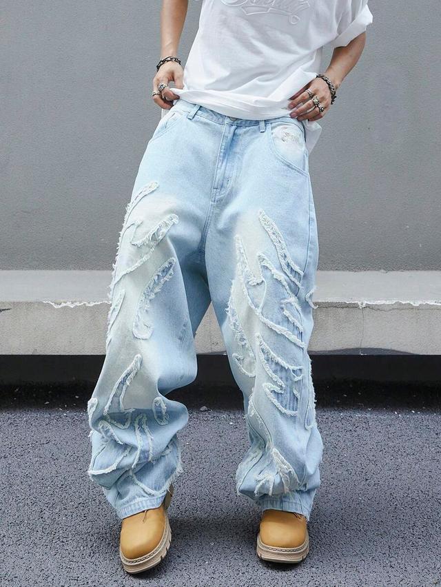 light blue baggy cargo denim jeans with raw hem