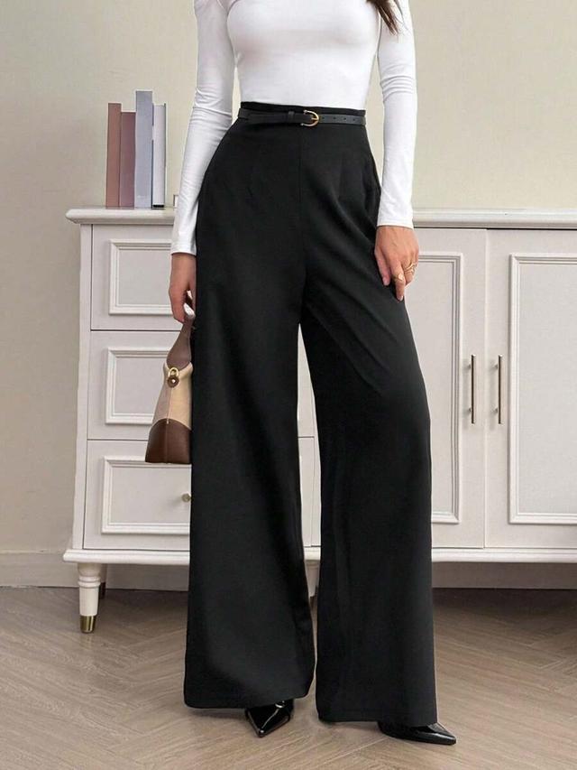 high waist textured black wide leg trousers