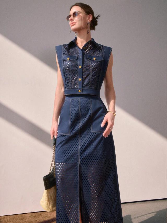 navy blue laser cut sleeveless collared coord set