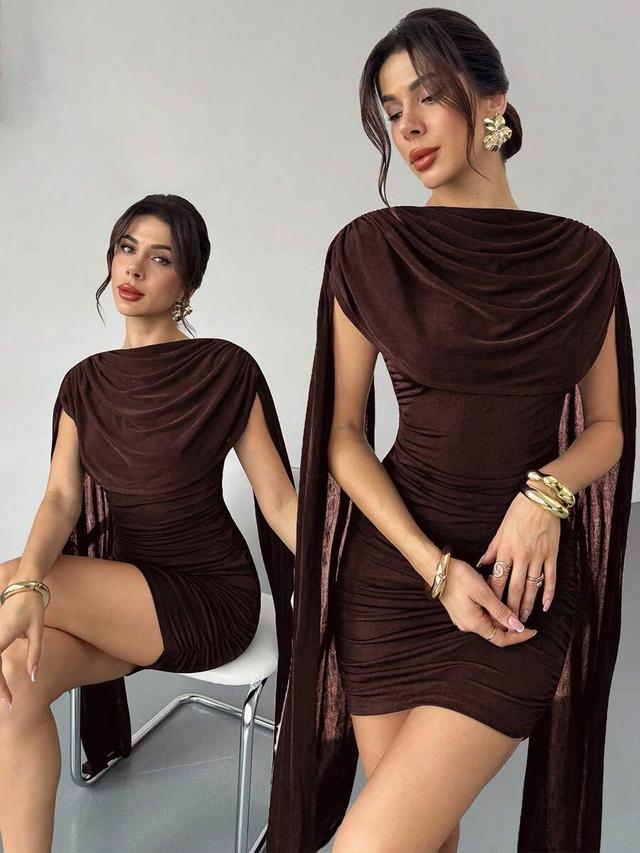 dark brown cowl neck ruched bodycon dress with cape