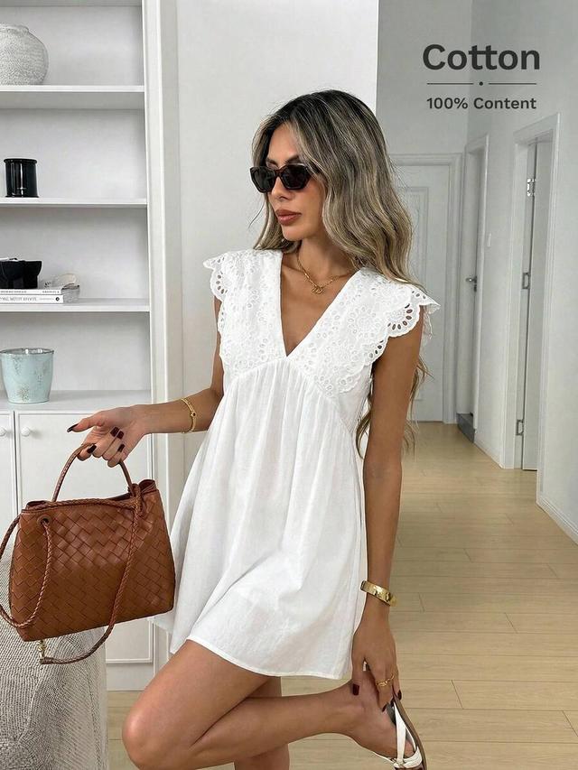 white cotton eyelet ruffle v-neck backless mini dress