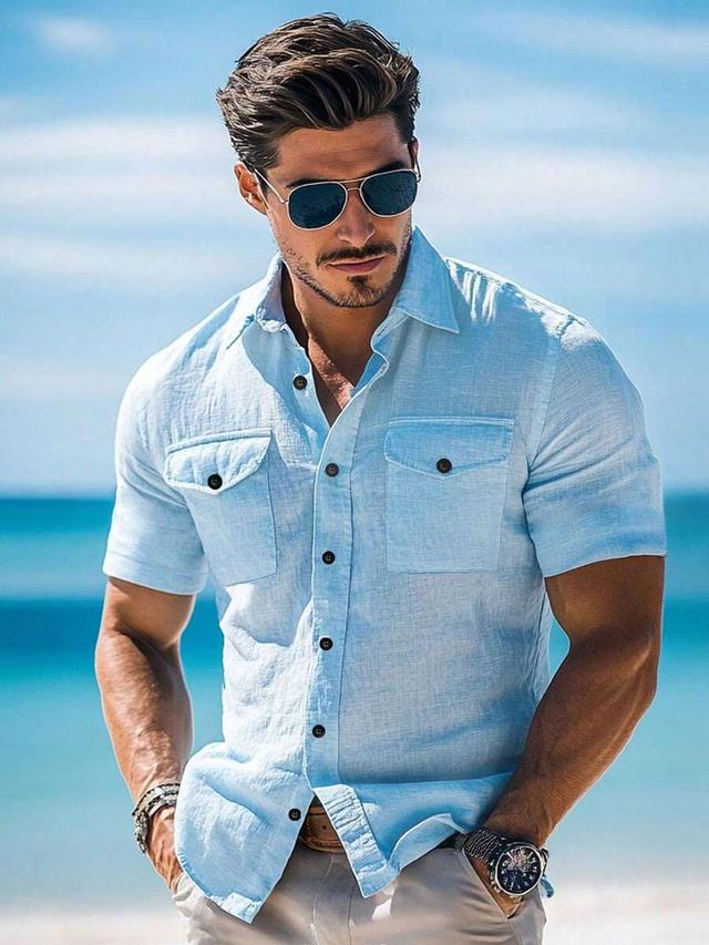 men's light blue linen blend short sleeve shirt