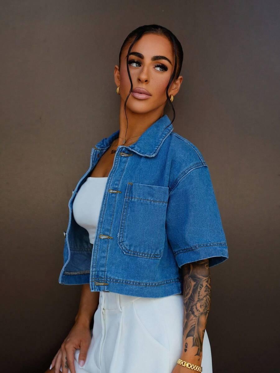 casual vacation short sleeve cropped denim jacket
