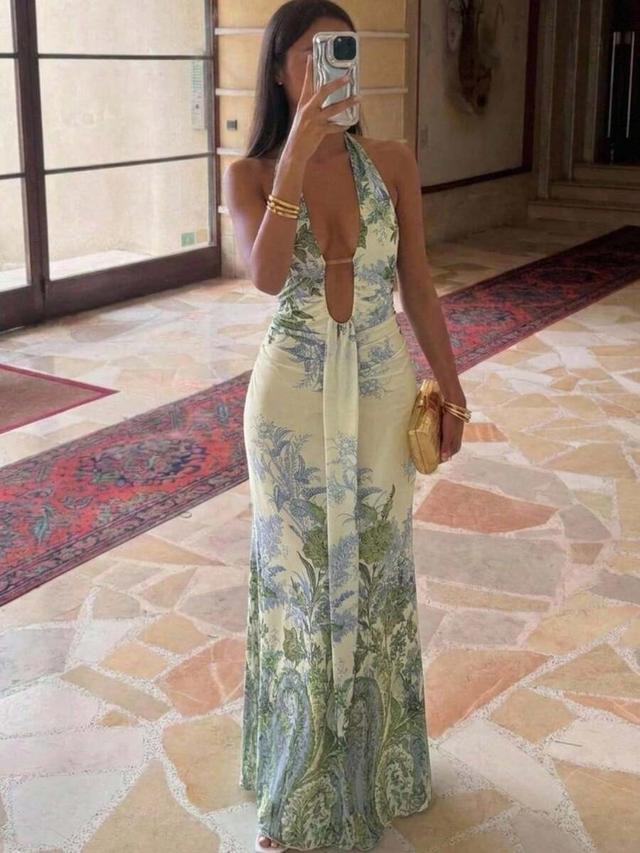 pale yellow floral print halter backless maxi dress