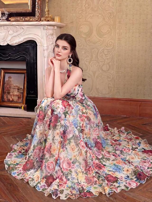 floral print bohemian halter neck cinched waist maxi dress