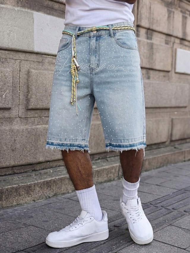 light blue washed denim rhinestone embellished frayed shorts