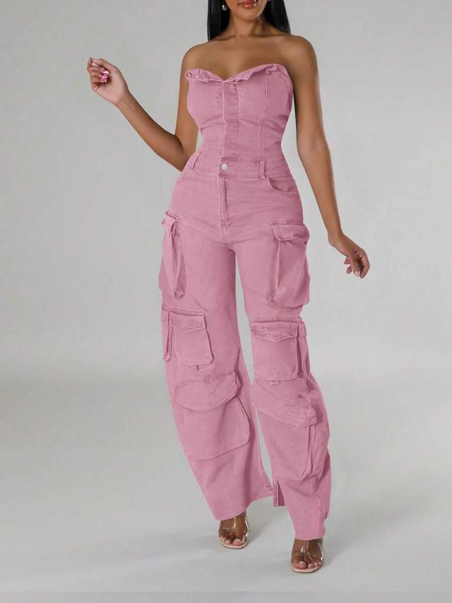 pink denim tube top cargo jumpsuit