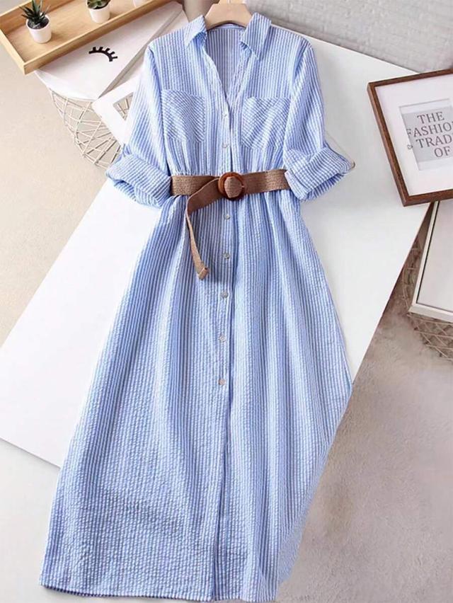 blue and white striped cotton shirt dress