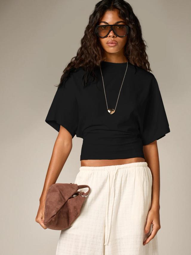 black ruched cinched crop top with flutter sleeves