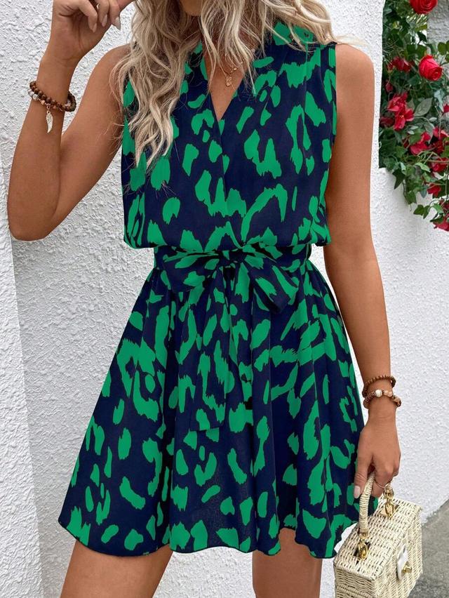 breezaya green leopard print surplice neck sleeveless midi dress