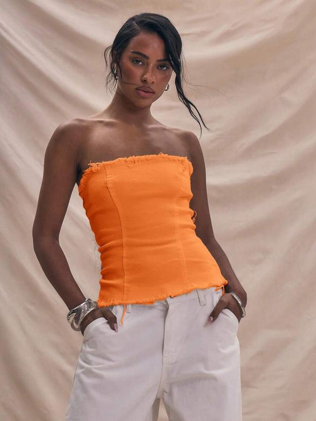 bright orange distressed denim bandeau cinched waist top