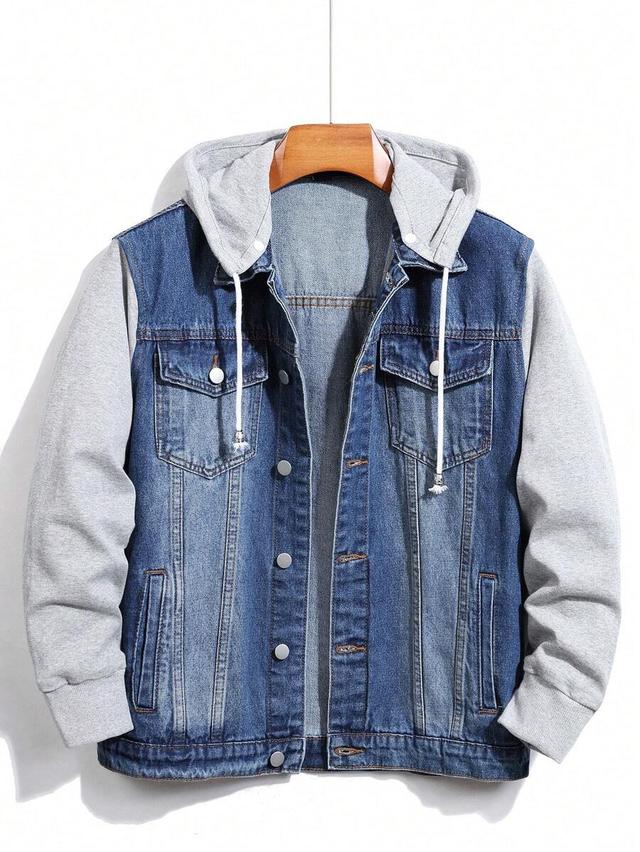 men colorblock drawstring hooded denim jacket