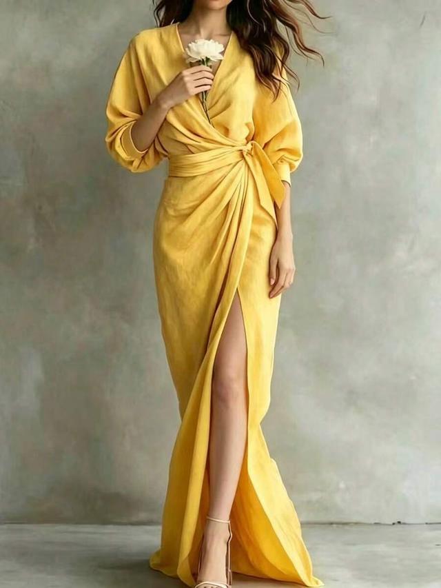 elegant v-neck long sleeve solid yellow wrap dress