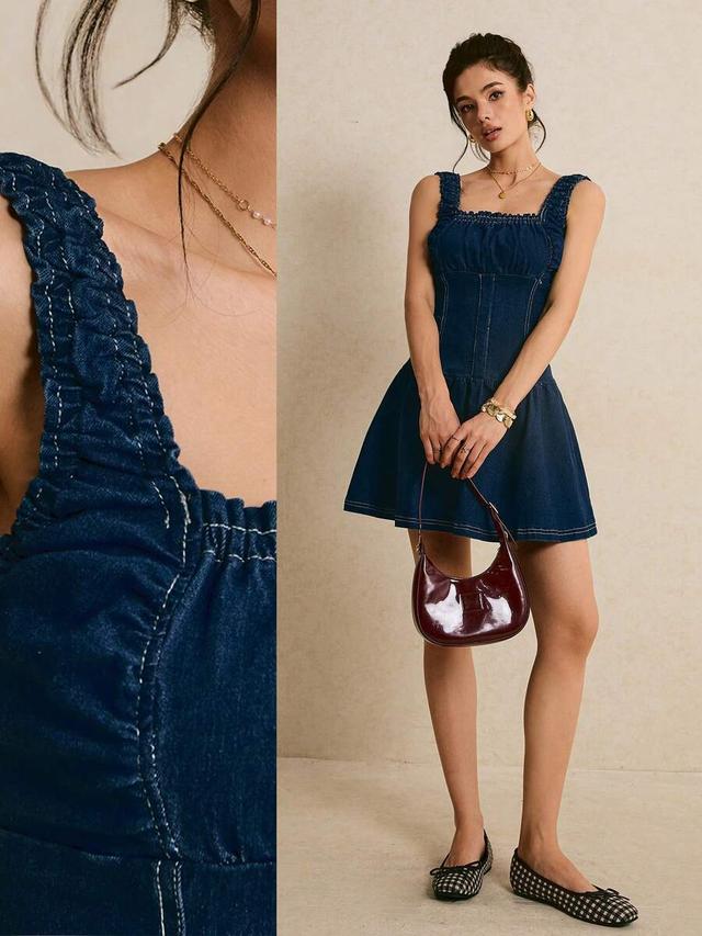 navy blue denim ruffled square neck sleeveless sundress
