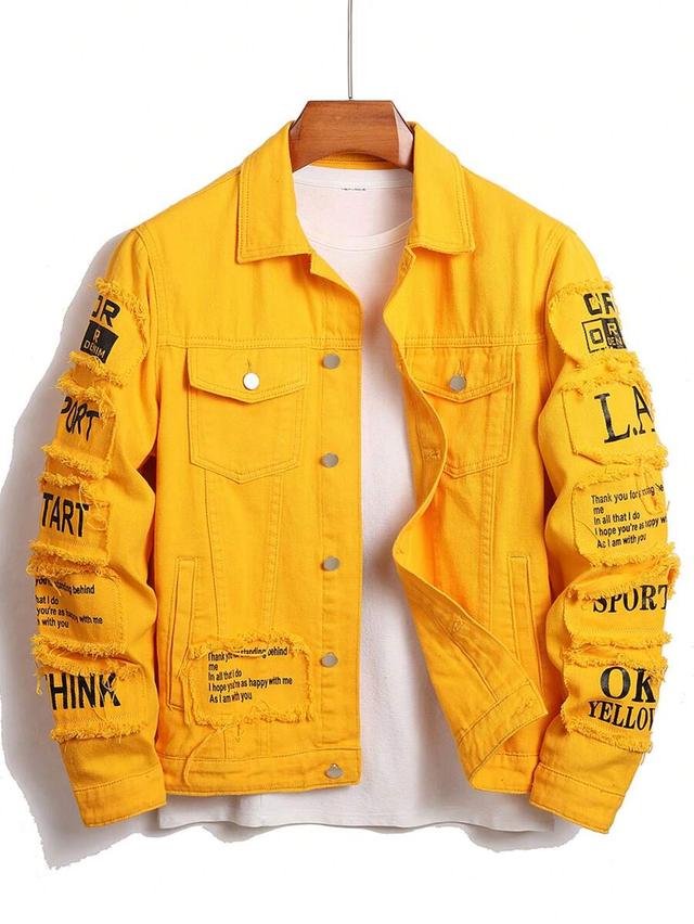 yellow cotton slogan graphic denim jacket