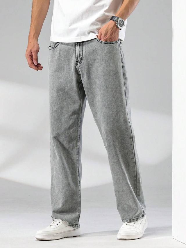 men's grey solid straight leg baggy jeans