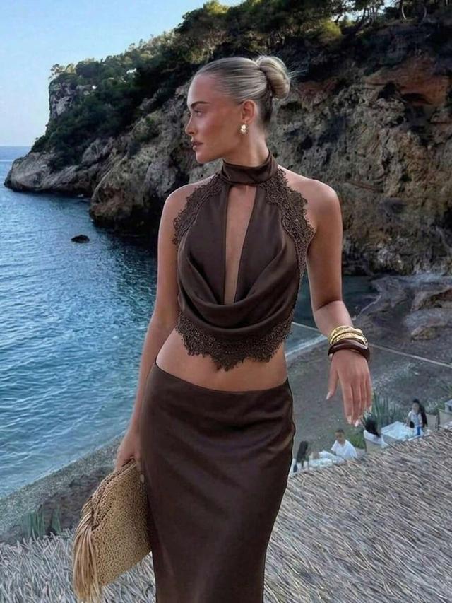 elegant brown satin midi fishtail skirt