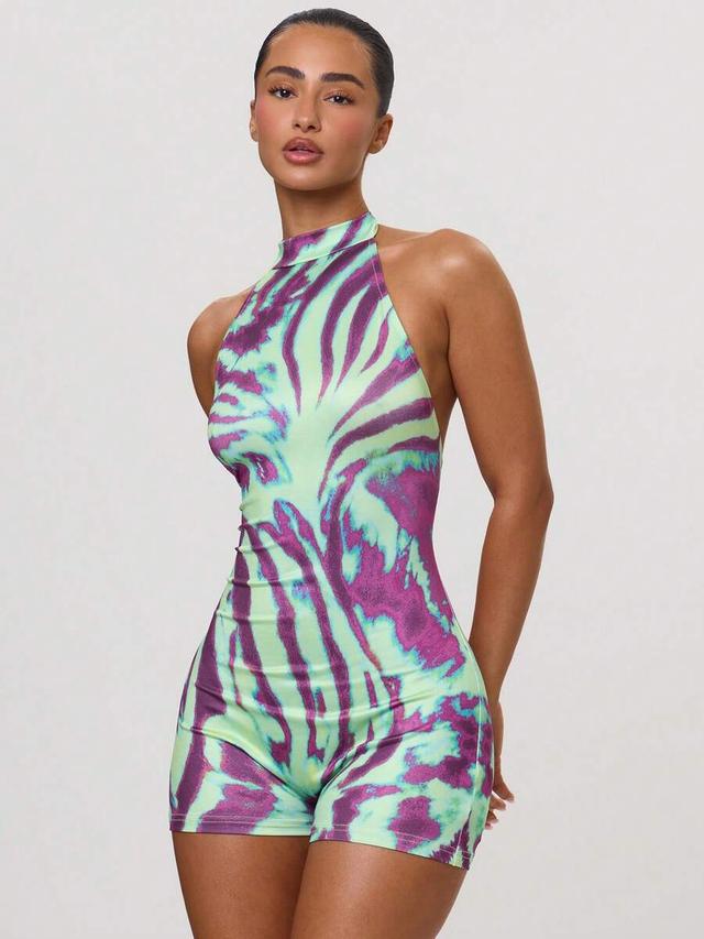 multicolour abstract graphic printed high halterneck backless unitard