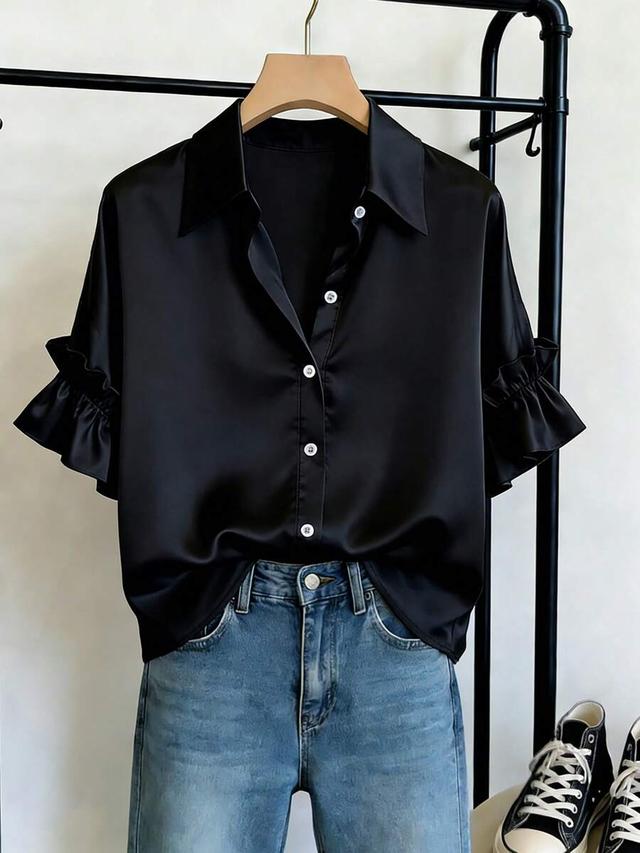 black satin collared blouse with ruffle petal sleeves