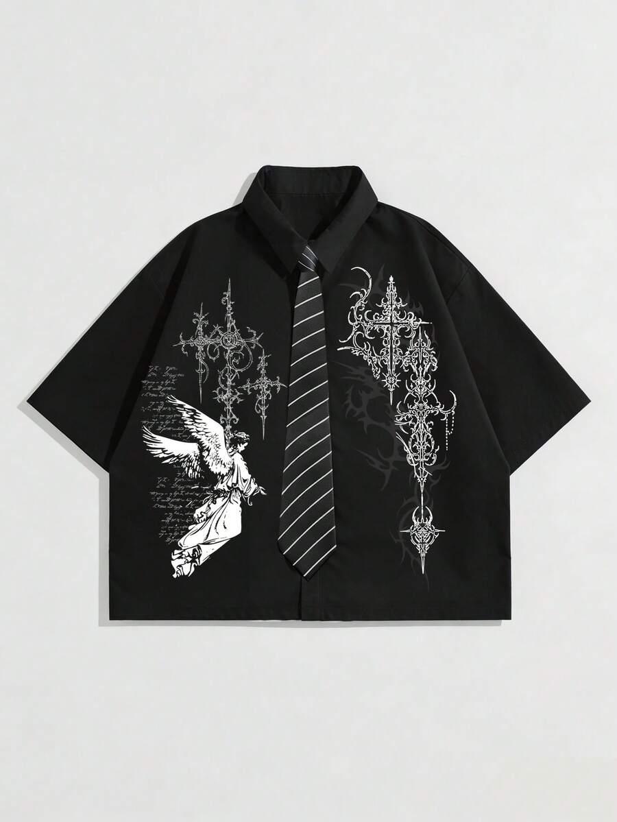 black angel pattern short sleeve casual shirt