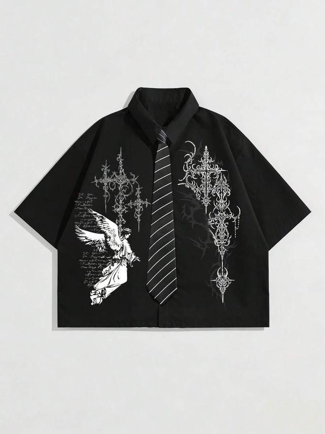 black angel pattern short sleeve casual shirt