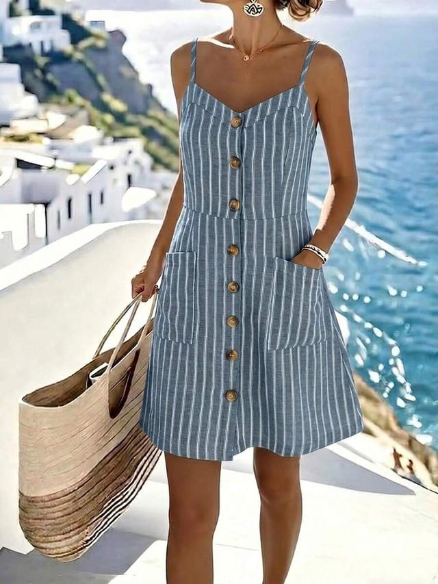 blue striped spaghetti strap button-down summer dress